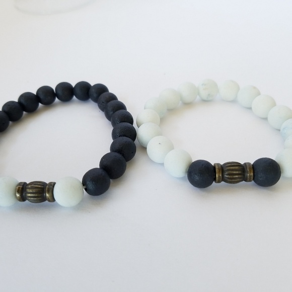 Hand Crafted Other - Hand Crafted Couple's Navy White Stone Beaded Bracelets Lava Stretch